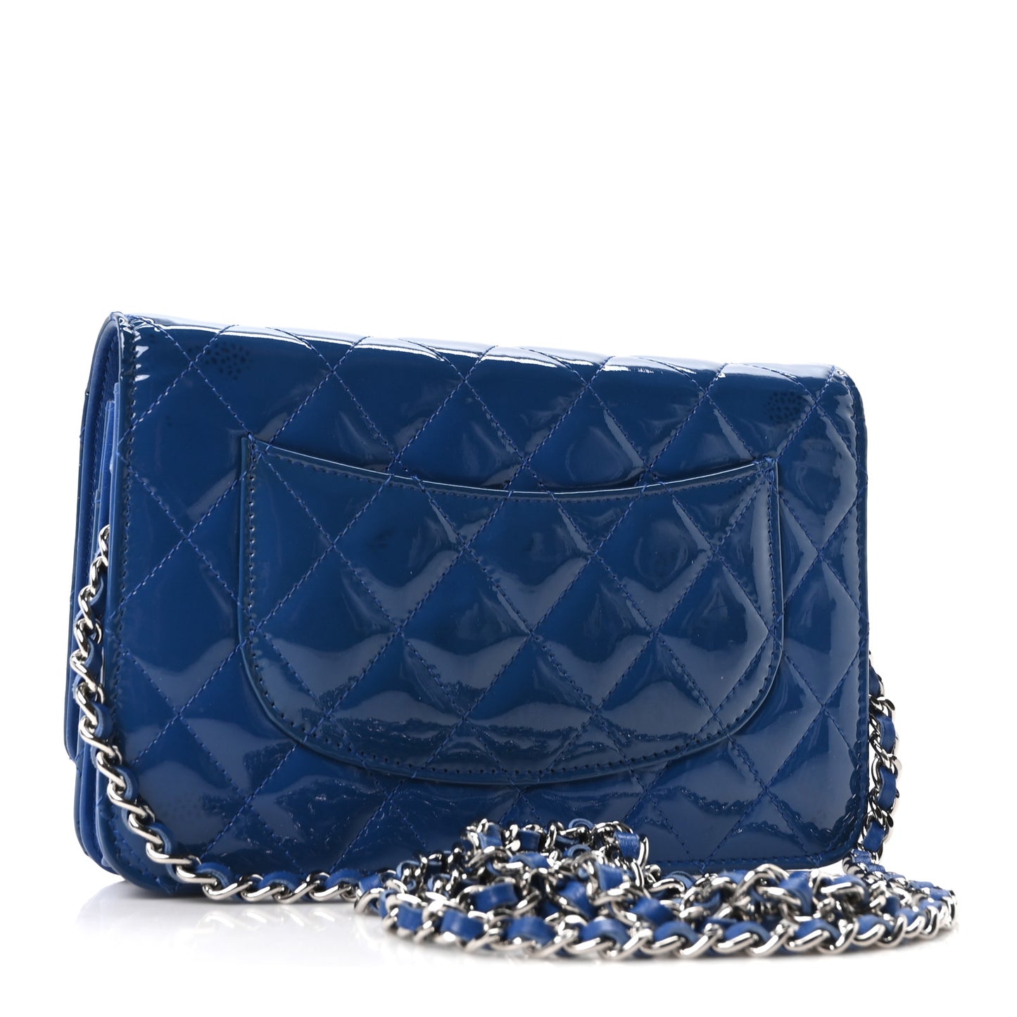 Patent Calfskin Quilted Wallet On Chain WOC Dark Blue