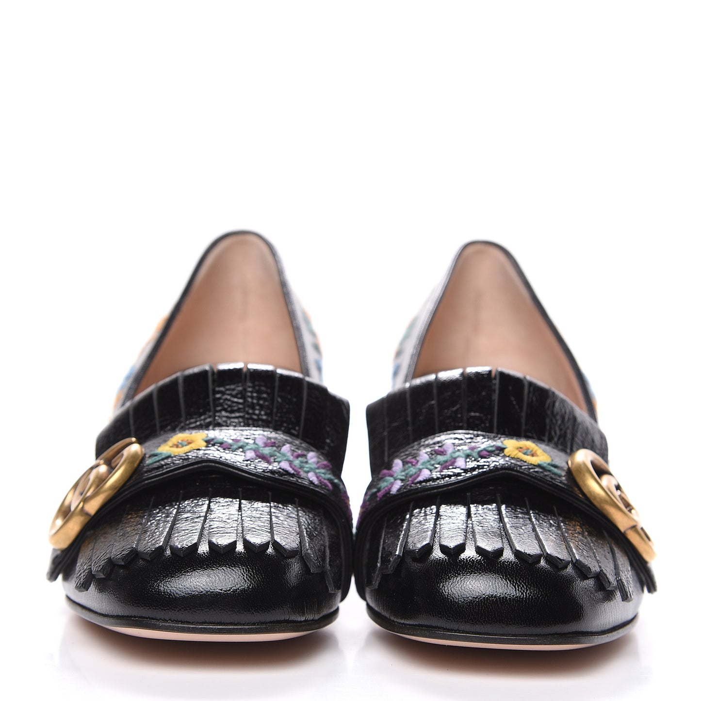 Skipper Calfskin Floral Embroidered GG Marmont Fringe 50mm Loafer Pumps 36.5 Black
