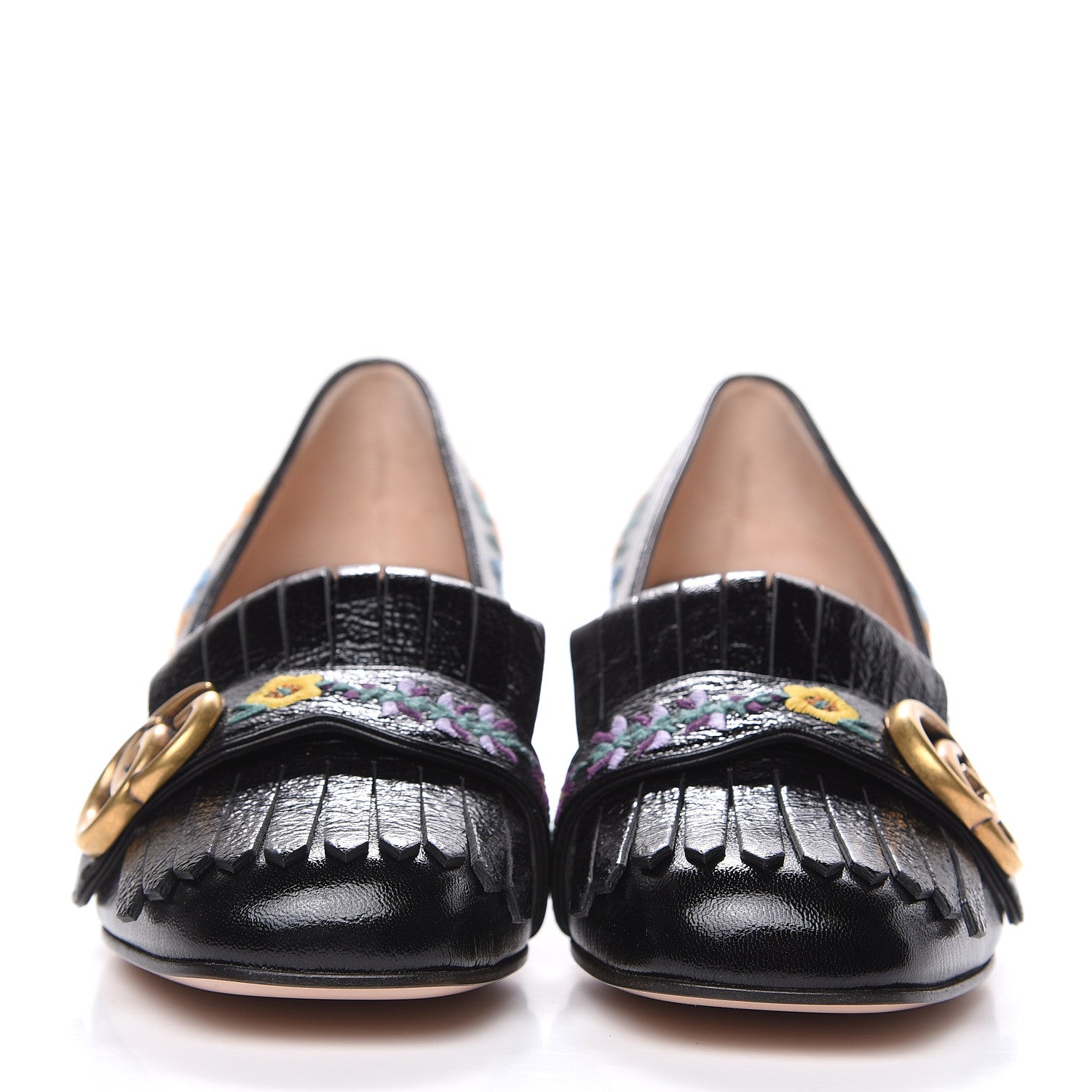 Gucci Skipper Calfskin Floral Embroidered GG Marmont Fringe 50mm Loafer Pumps 36.5 Black 2 of 11