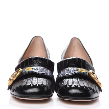 Gucci Skipper Calfskin Floral Embroidered GG Marmont Fringe 50mm Loafer Pumps 36.5 Black 2 of 11