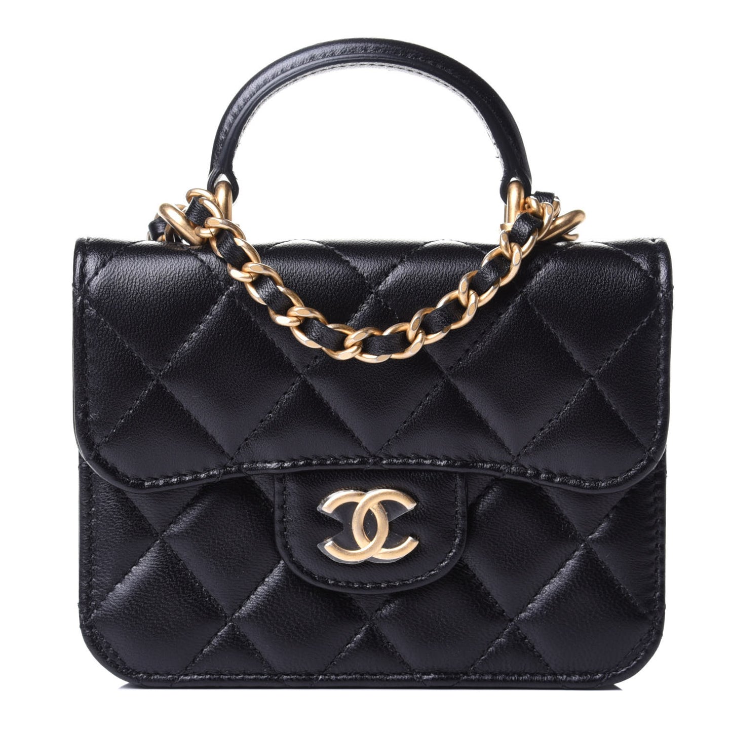 Lambskin Quilted Top Handle Flap Coin Purse With Chain Black