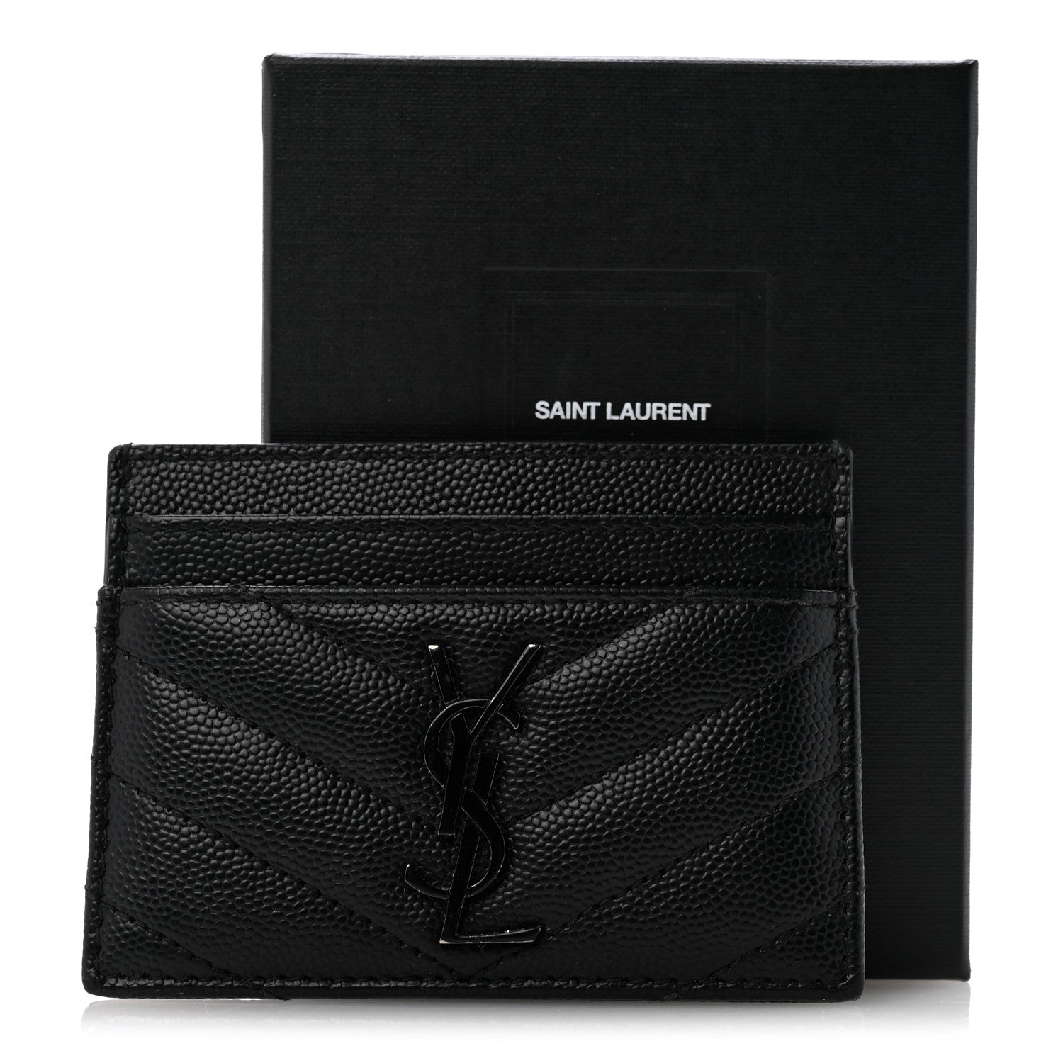 Saint Laurent Grain De Poudre Matelasse Chevron Monochrome Monogram Credit Card Case Black 10 of 10