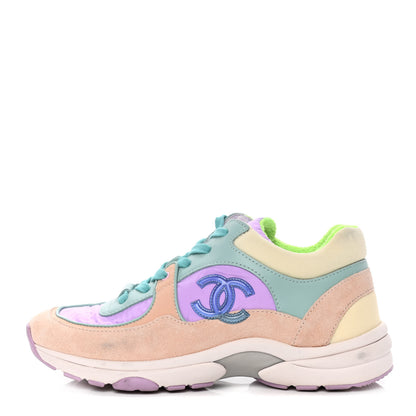 Chanel Nylon Lambskin Suede Calfskin CC Sneakers 37 Green Purple Pink 1 of 12