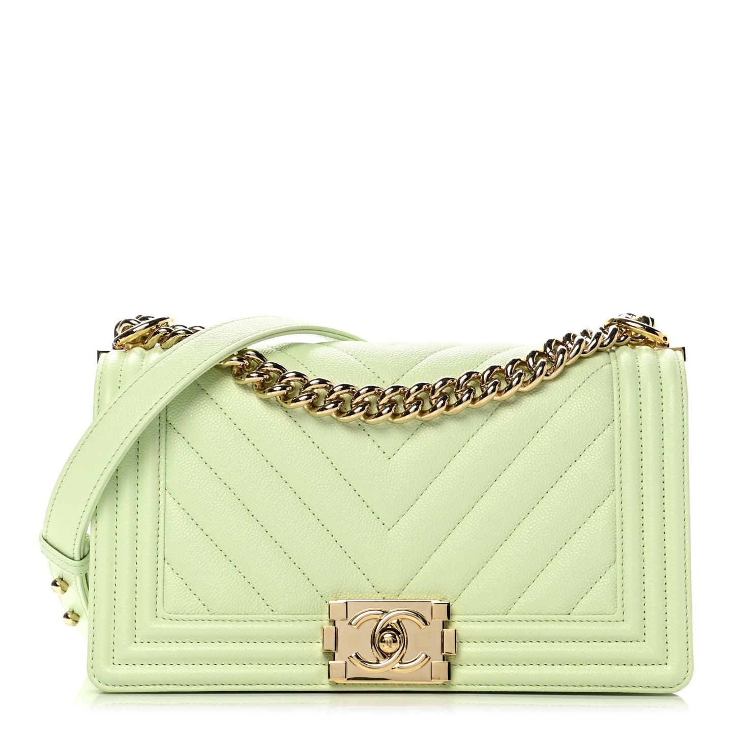 Caviar Chevron Quilted Medium Boy Flap Light Green