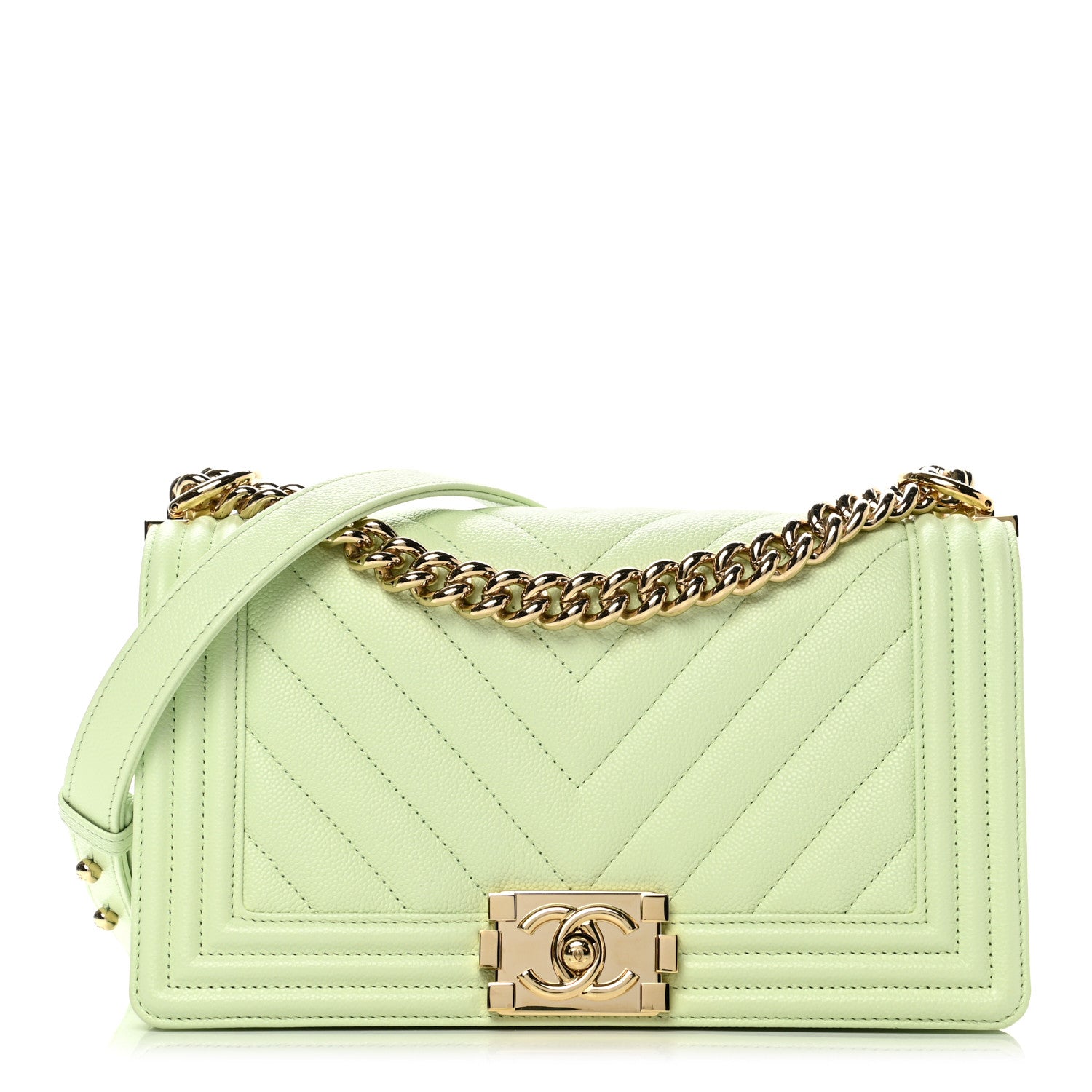 Chanel Caviar Chevron Quilted Medium Boy Flap Light Green 1 of 13