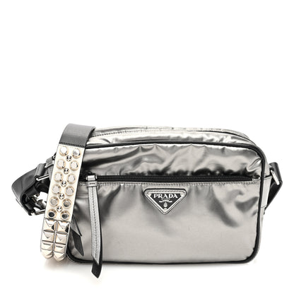 Prada Metallic Tessuto Nylon Metal Studded Shoulder Bag Ferro Black 1 of 9