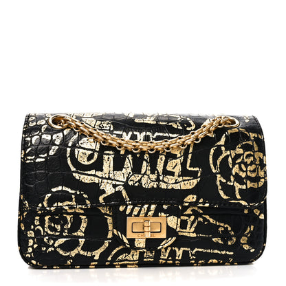 Chanel Calfskin Crocodile Embossed Graffiti 2.55 Mini Cocodile Reissue Flap Black Gold 1 of 11