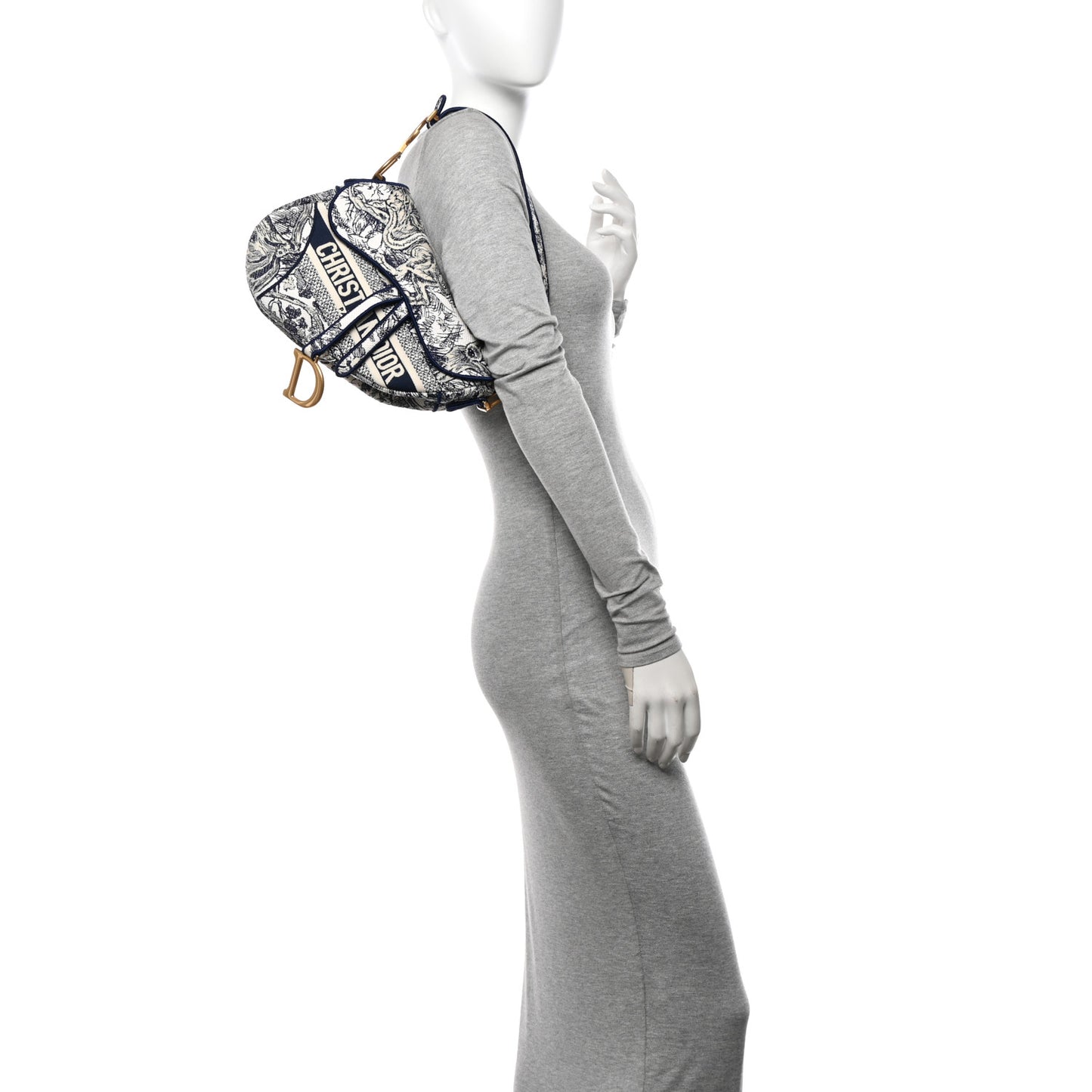 Canvas Embroidered Toile de Jouy Saddle Bag Blue