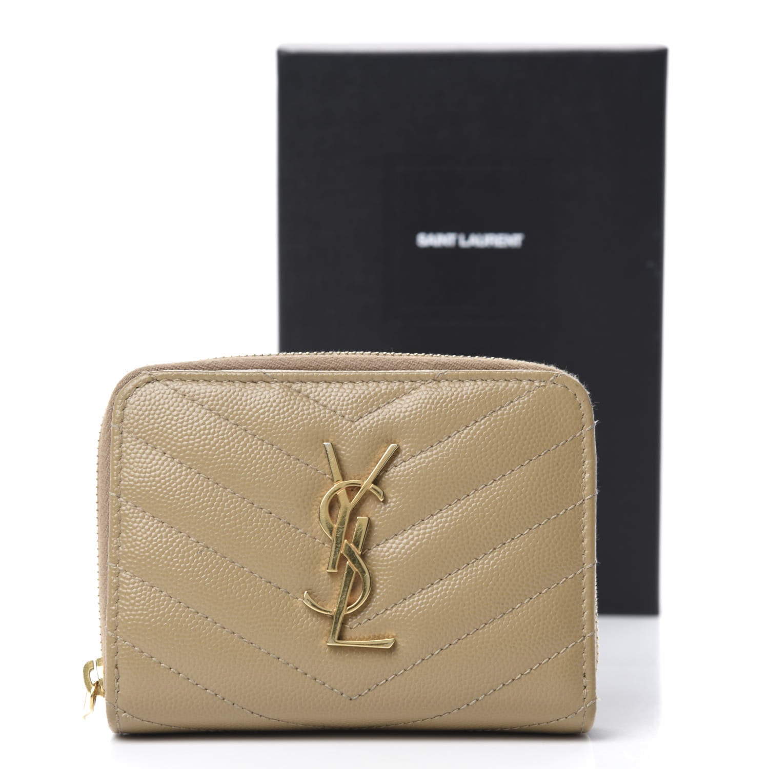 Saint Laurent Grain De Poudre Matelasse Chevron Monogram Compact Zip Around Wallet Dark Latte 10 of 10