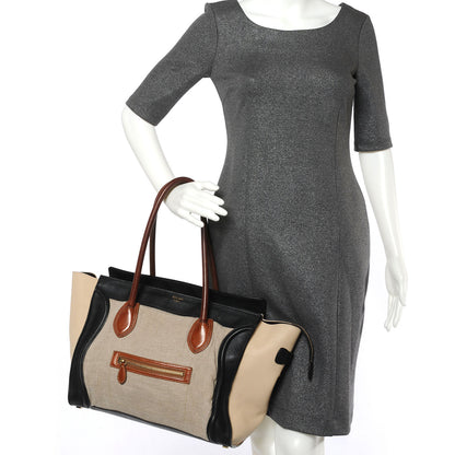 Celine Leather and Linen Shoulder Luggage Tri-Color Beige 3 of 7