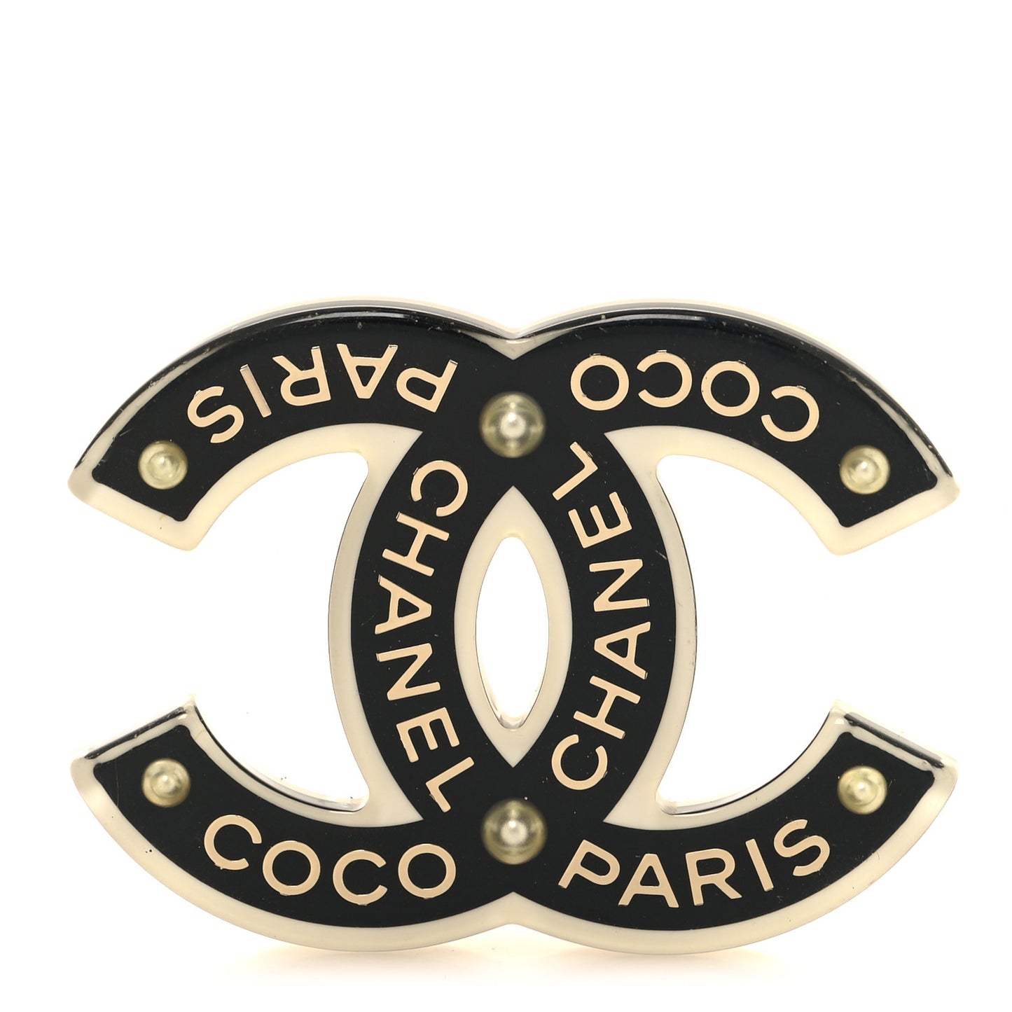 Resin Crystal Chanel Paris Logo CC Brooch Black White Gold