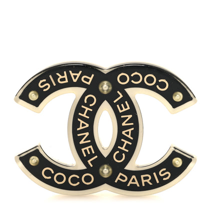 Chanel Resin Crystal Chanel Paris Logo CC Brooch Black White Gold 1 of 5
