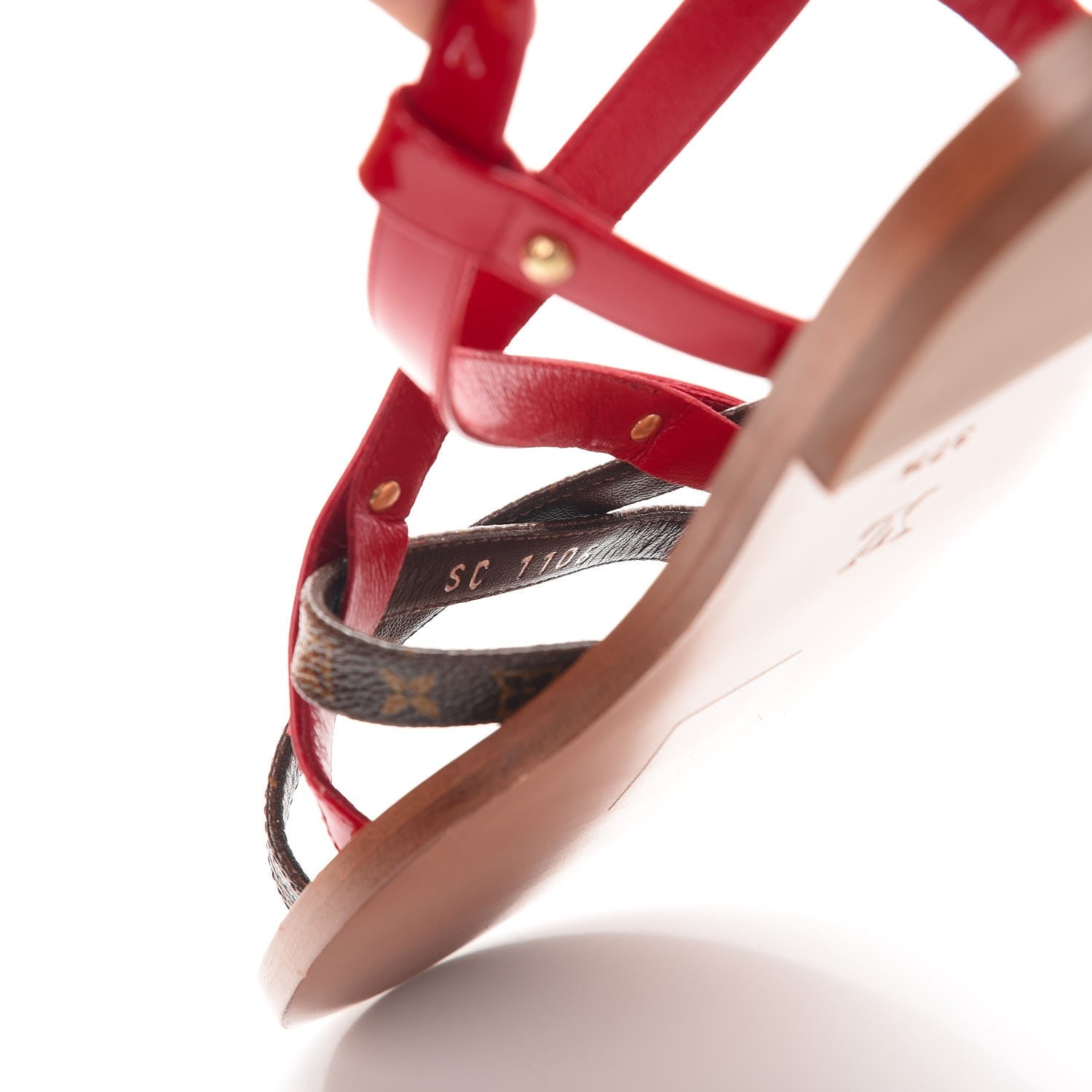 Louis Vuitton Monogram Patent Carimbo Flat Sandals 37.5 Red 8 of 9
