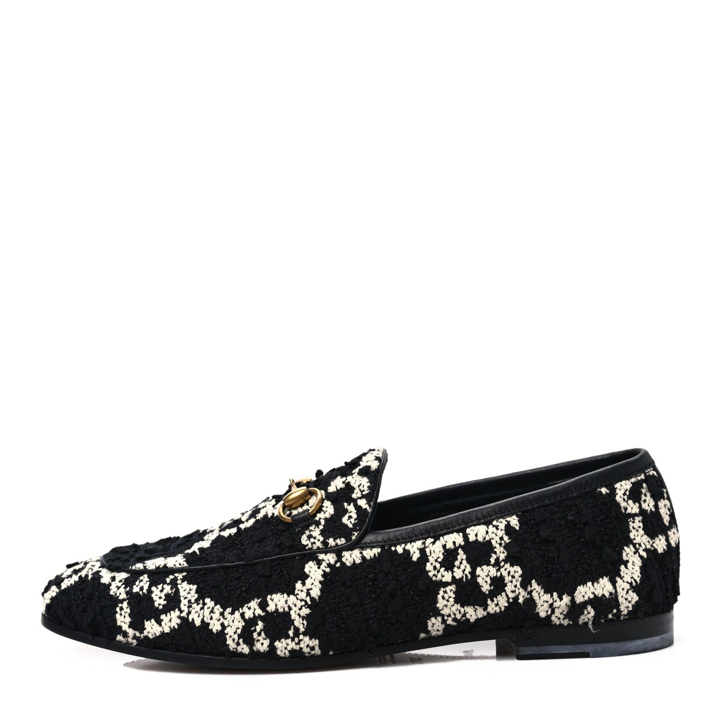 Tweed GG Monogram Horsebit Womens Jordaan Loafers 37.5 Black Natural