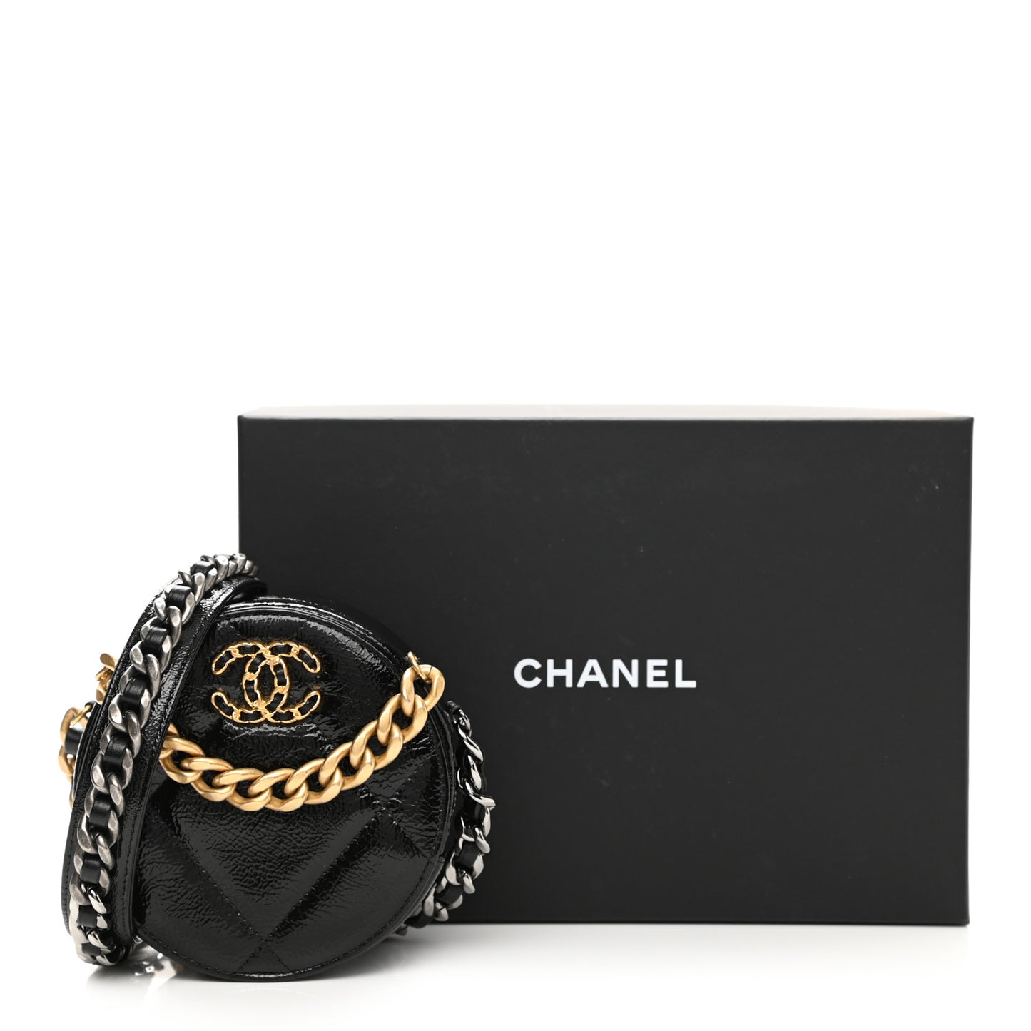 Shiny Crumpled Calfskin Quilted Chanel 19 Round Clutch With Chain Black