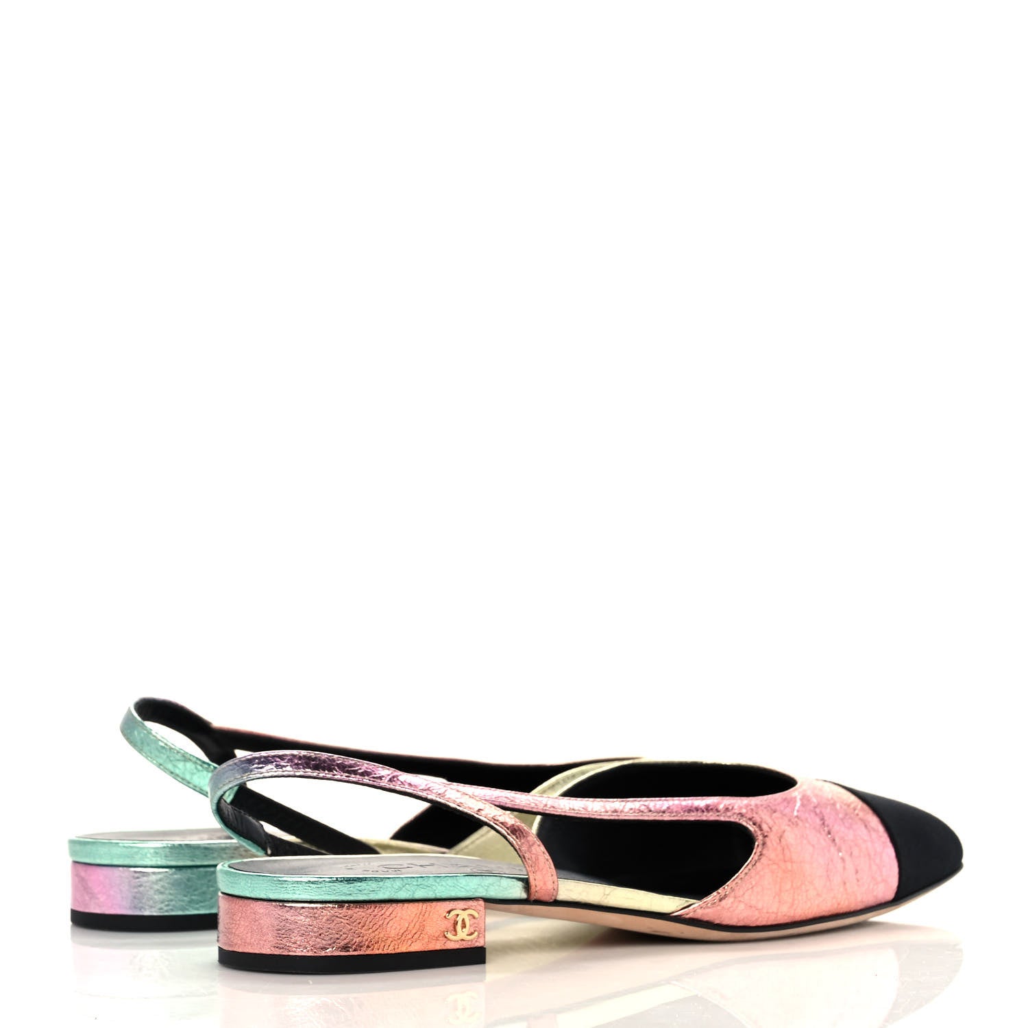 Chanel Laminated Calfskin Grosgrain Cap Toe CC Slingback Flats 37.5 Multicolor Black 4 of 9