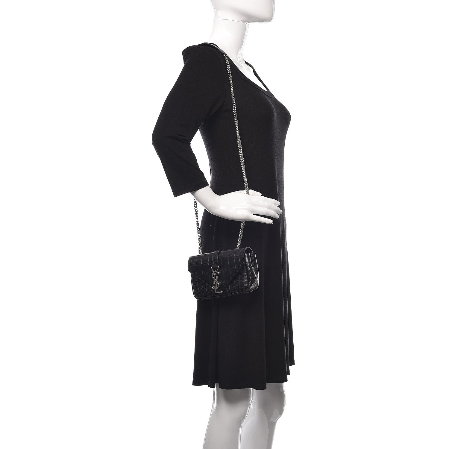 Saint Laurent Calfskin Crocodile Embossed Baby Monogram Classic Chain Bag Black 2 of 9