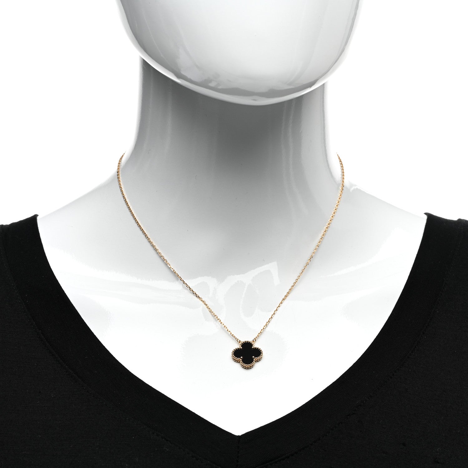 Van Cleef & Arpels 18K Yellow Gold Black Onyx Vintage Alhambra Pendant Necklace 2 of 5