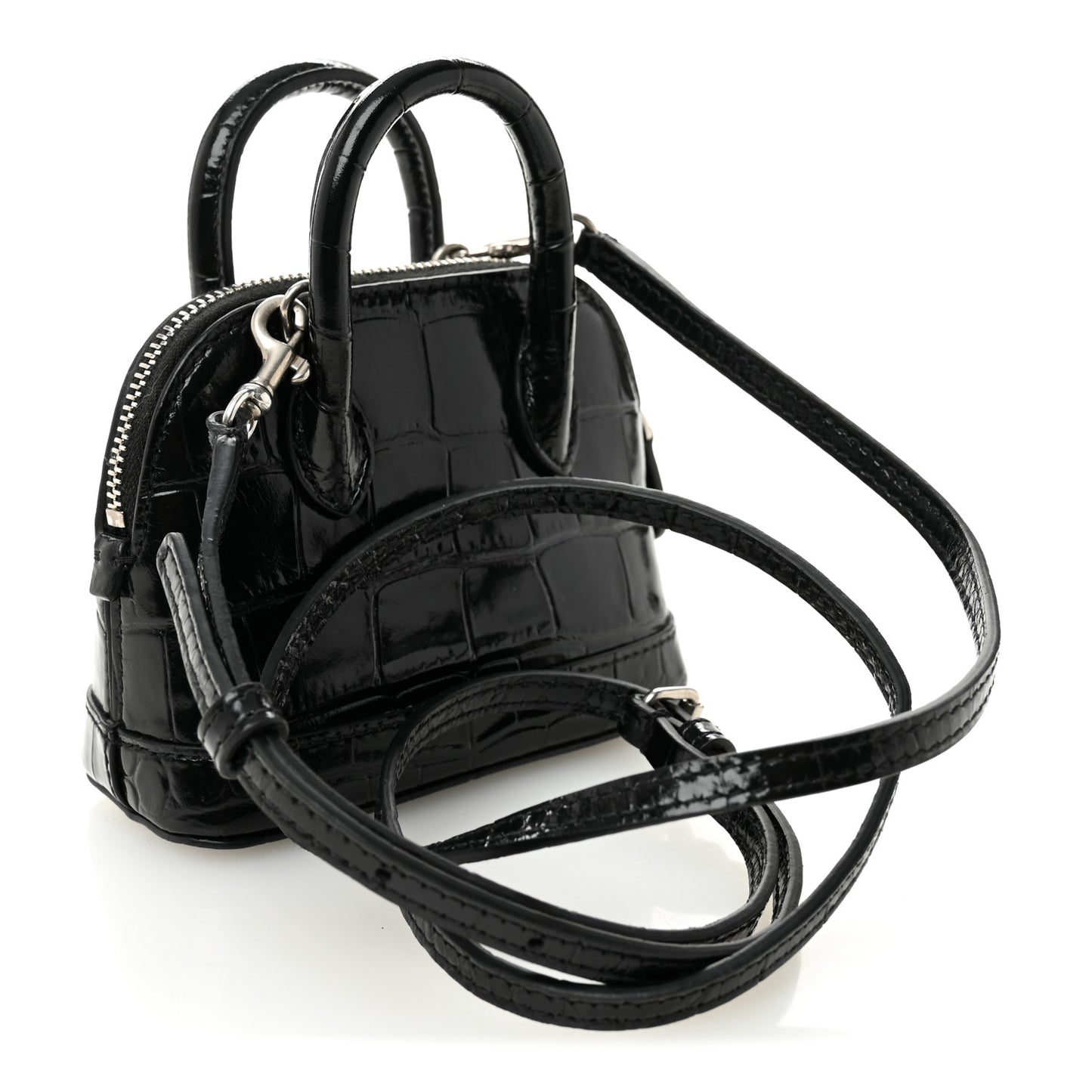 Shiny Calfskin Logo Crocodile Embossed Mini Ville Top Handle Bag Black