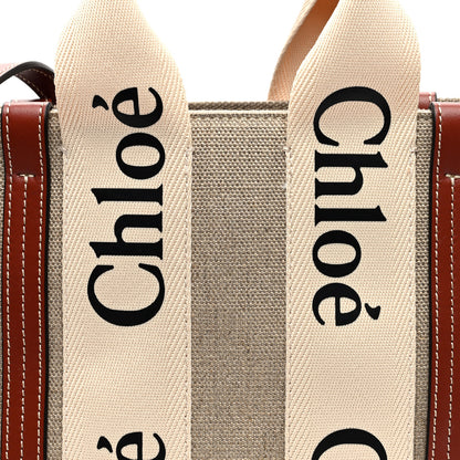 Chloe Linen Calfskin Small Woody Ribbon Tote With Strap White Brown 7 of 9
