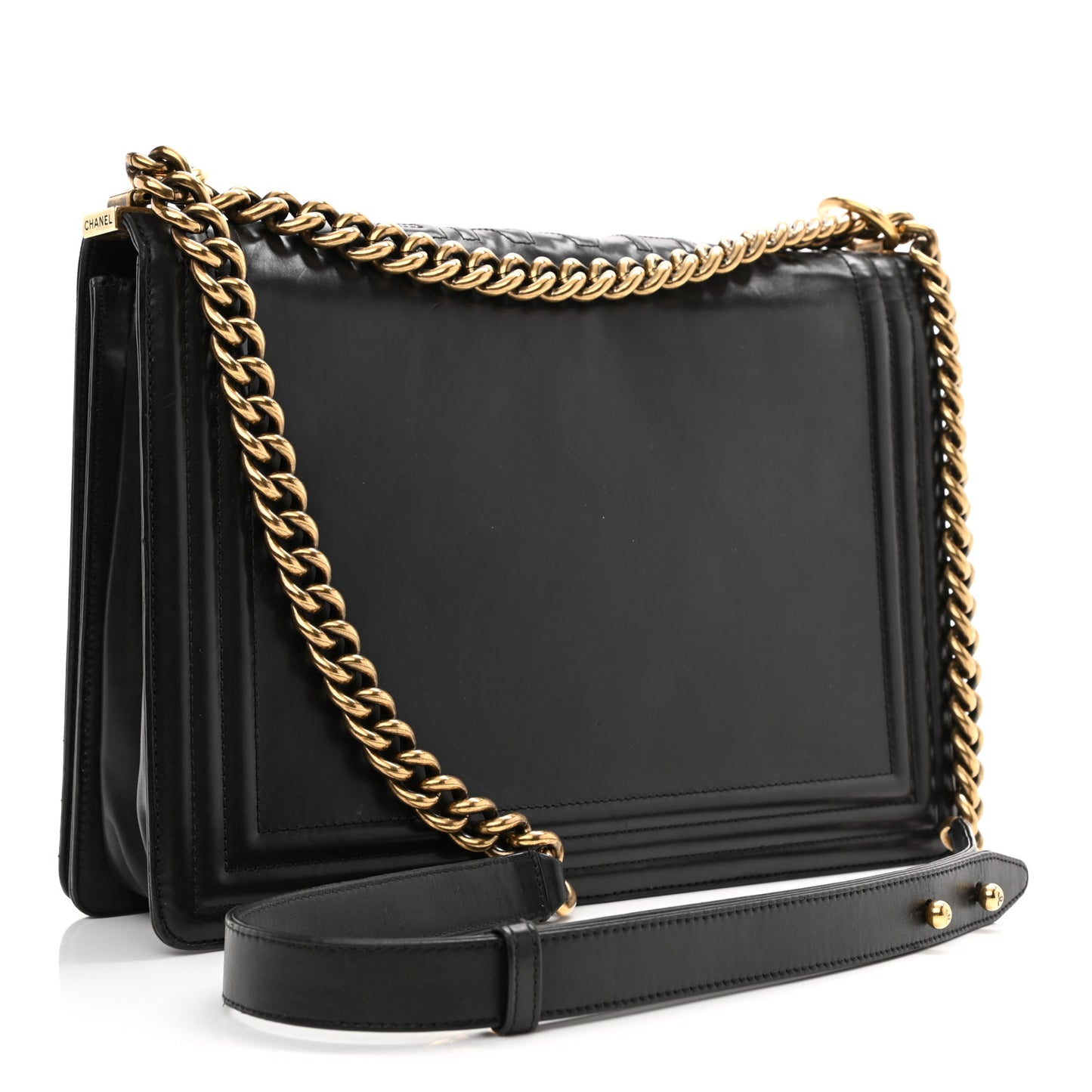 Glazed Calfskin Large Boy Flap Black