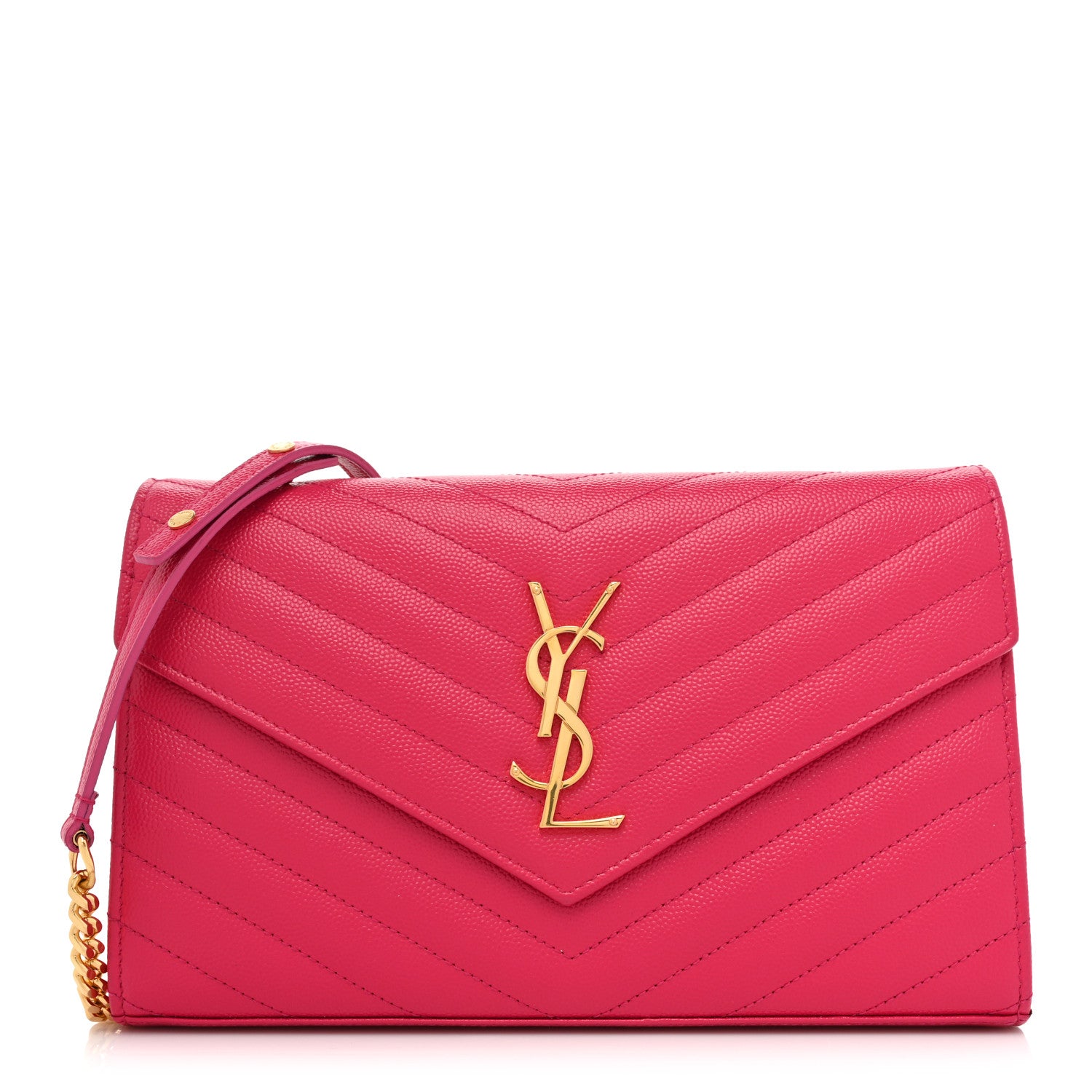 Saint Laurent Grain De Poudre Matelasse Chevron Monogram Chain Wallet Hot Pink 1 of 10