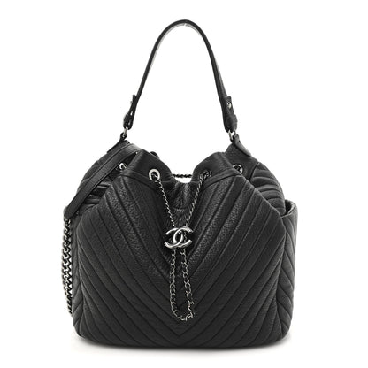 Chanel Deerskin Chevron Medium CC Chain Bucket Drawstring Bag Black 2 of 21