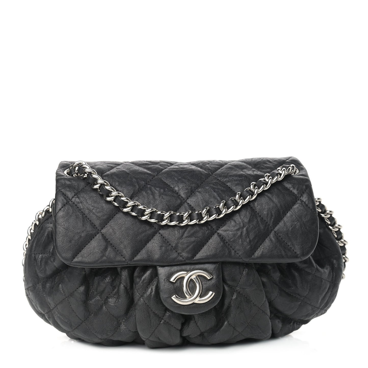 Washed Lambskin Quilted Medium Chain Around Messenger Black