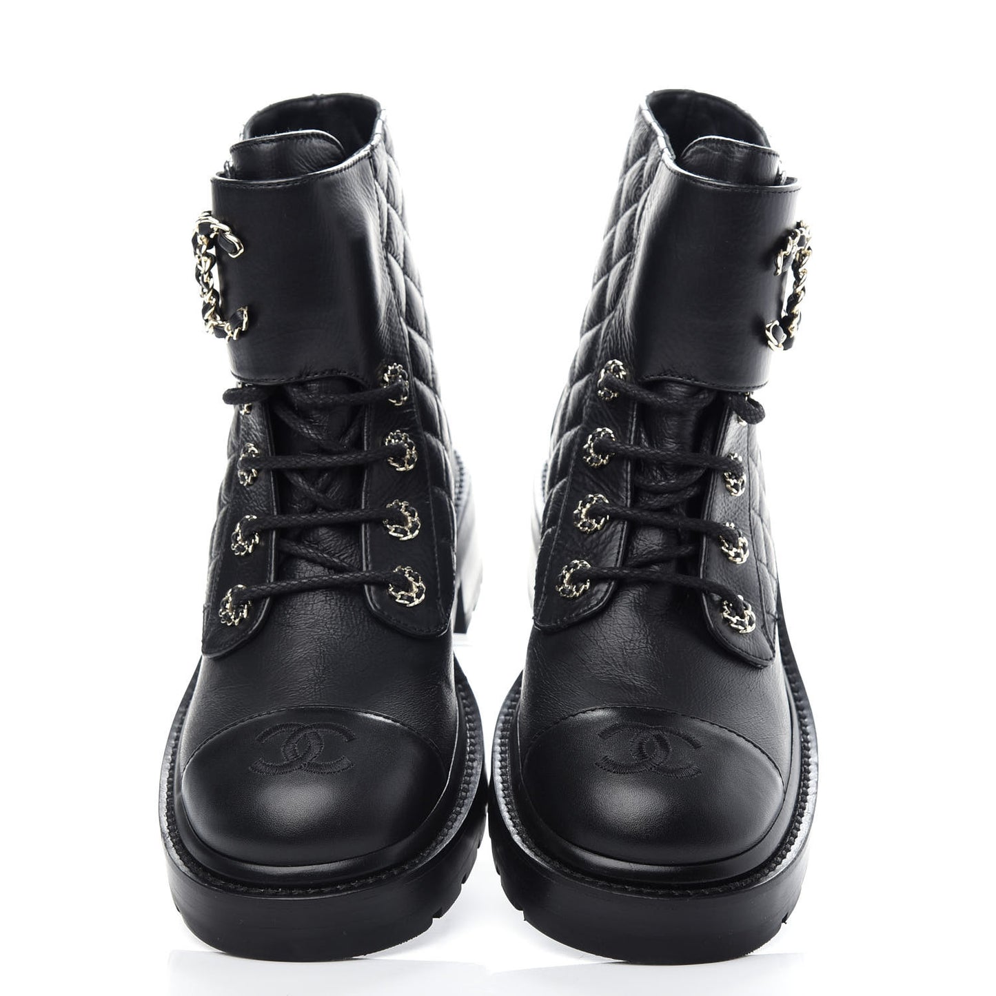 Shiny Goatskin Calfskin Quilted Lace Up Combat Boots 37.5 Black