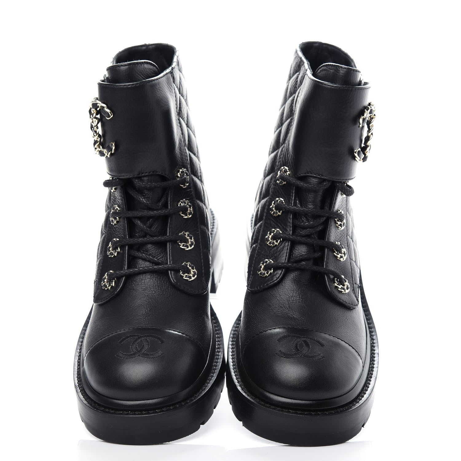 Chanel Shiny Goatskin Calfskin Quilted Lace Up Combat Boots 37.5 Black 5 of 11