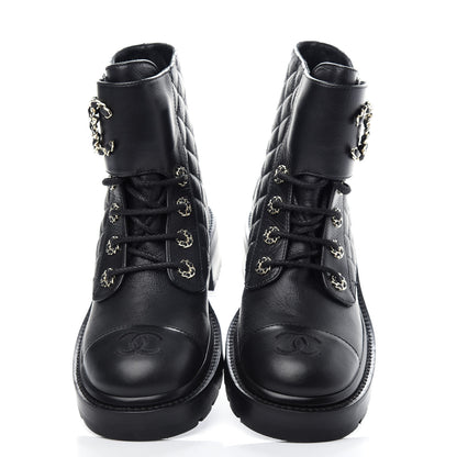 Chanel Shiny Goatskin Calfskin Quilted Lace Up Combat Boots 37.5 Black 5 of 11