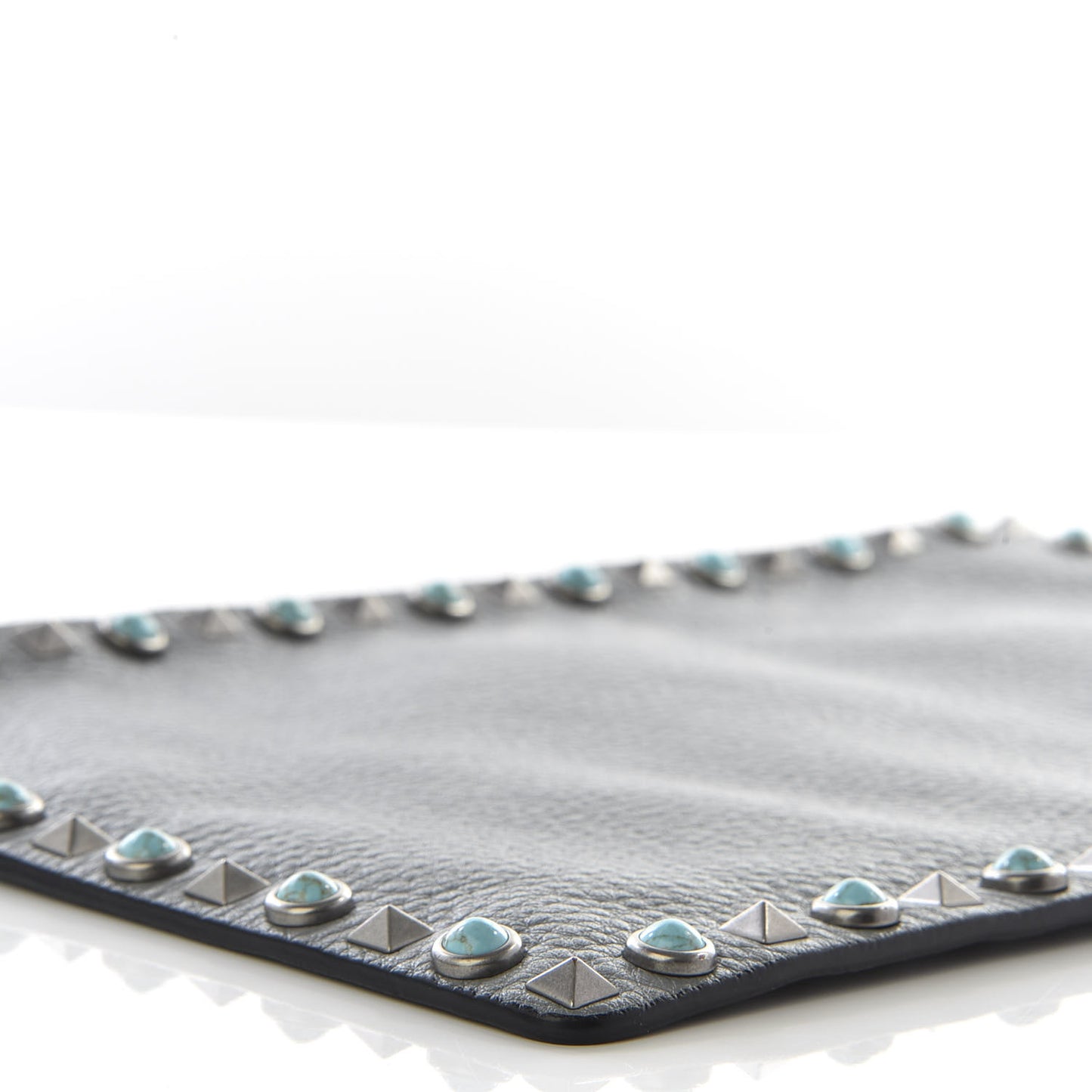 Grained Calfskin Turquoise Large Rockstud Rolling Zip Pouch Light Stone