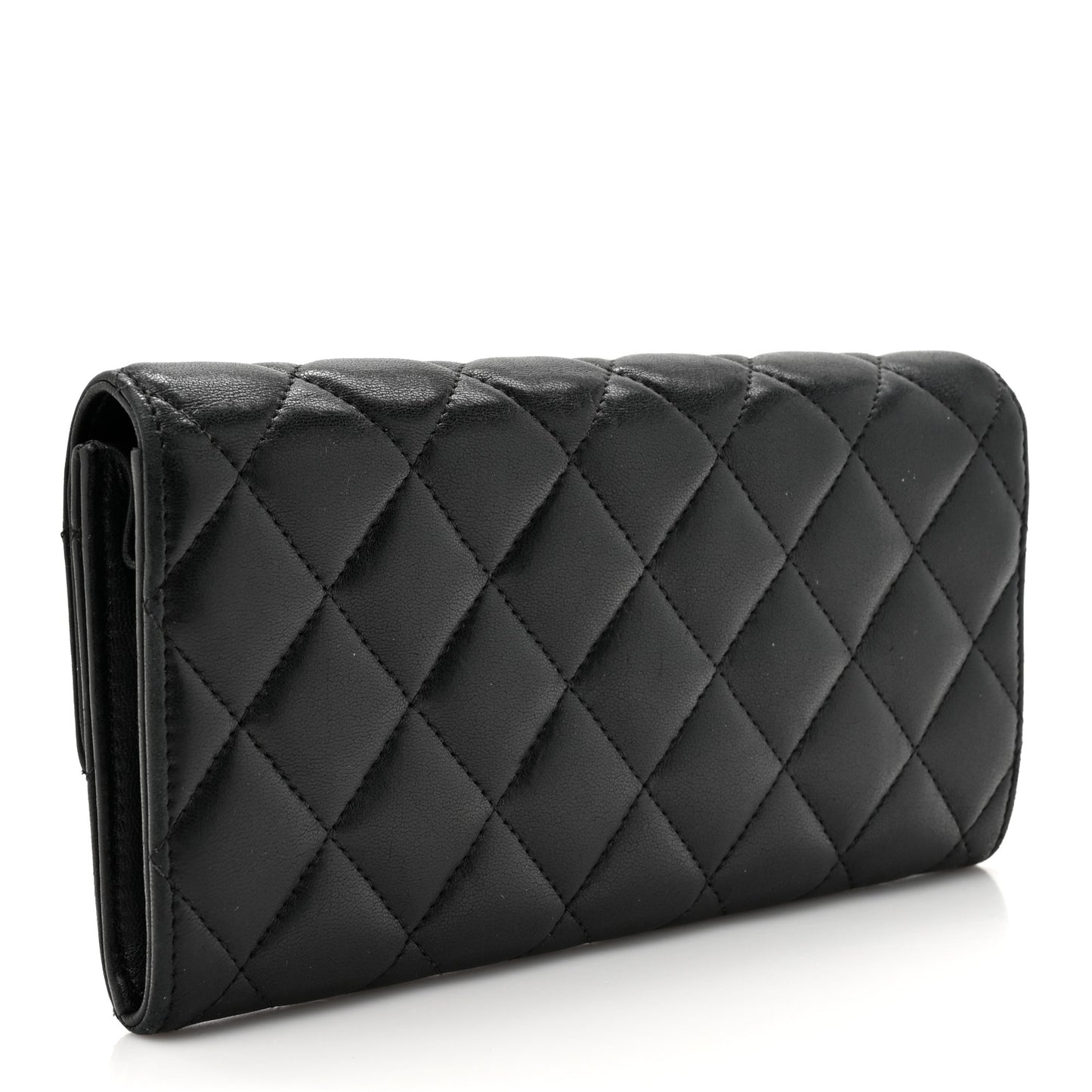Lambskin Quilted Large Gusset Flap Wallet Black