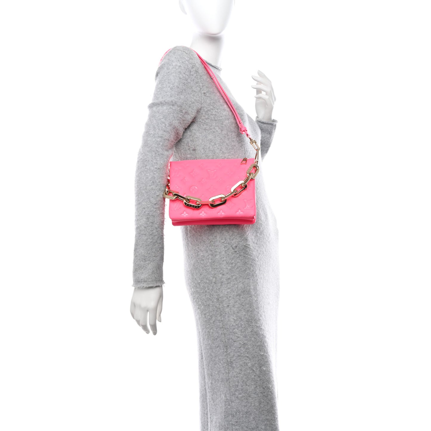 LOUIS VUITTON Calfskin Embossed Monogram Coussin BB Rose Fluo