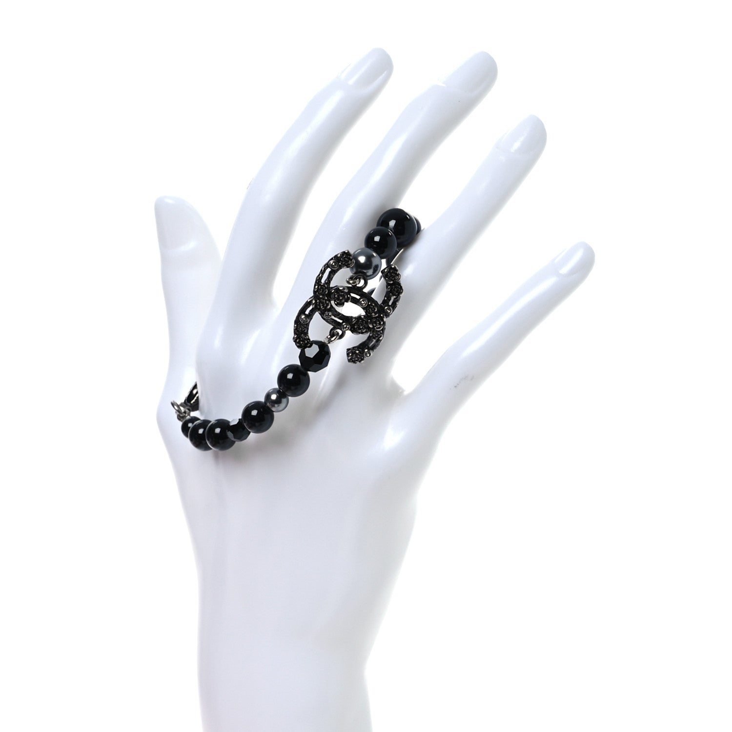 Chanel Pearl Crystal CC Camellia Bracelet Ruthenium Black 2 of 6