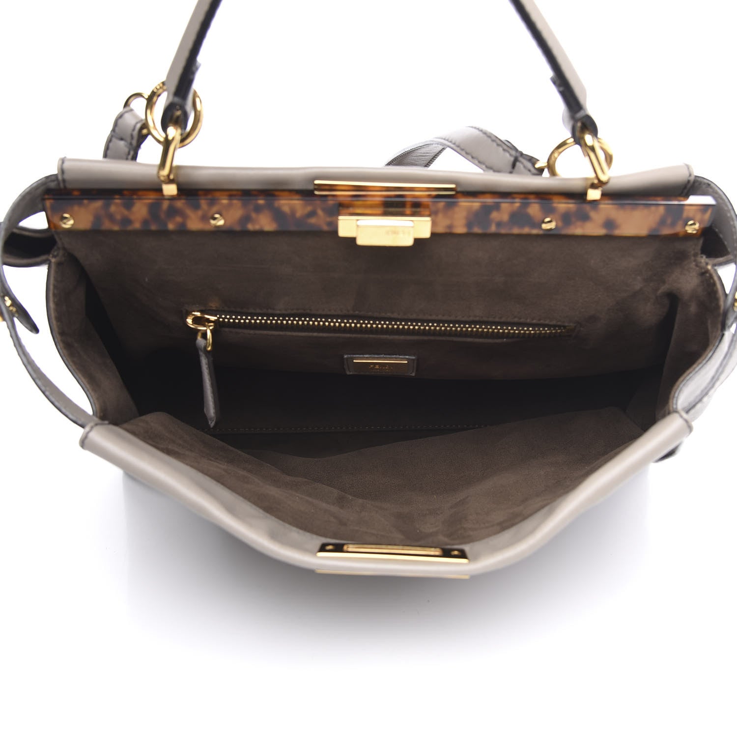 Fendi Vitello Seta Suede Plexiglass Tortoise Large Peekaboo Iconic Satchel Asfalto Marrone 7 of 16