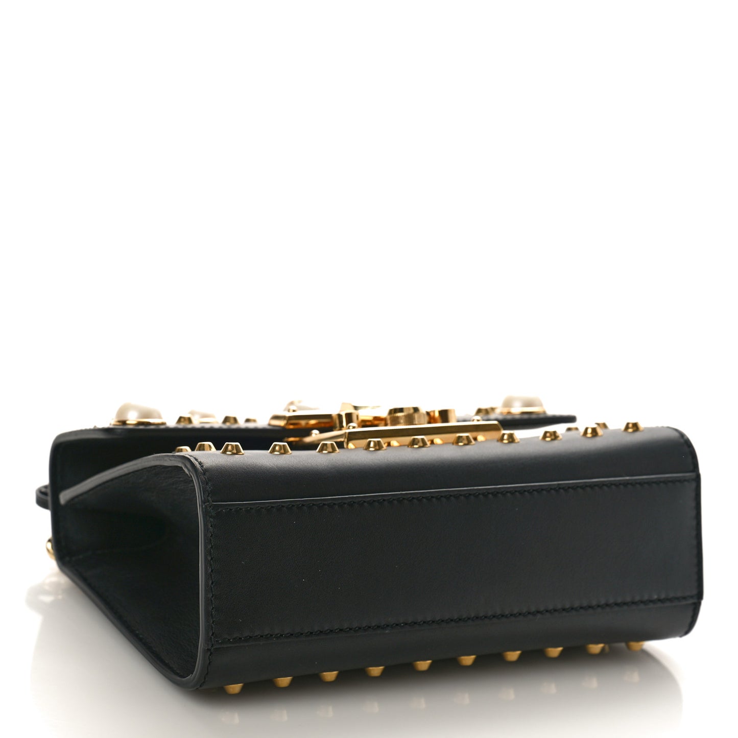 Calfskin Studded Small Padlock Shoulder Bag Black