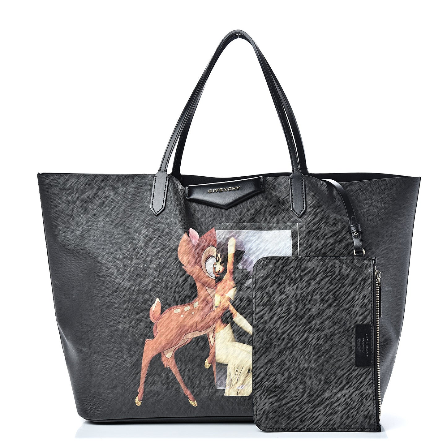 Textured Coated Canvas Bambi Print Large Antigona Tote Black