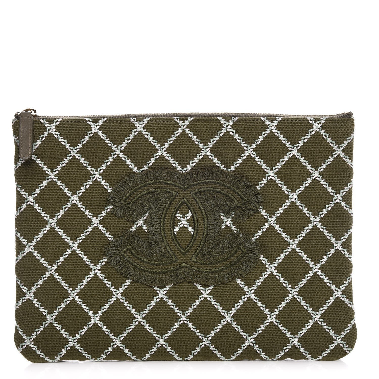Chanel Canvas Double Stitch CC Medium Cosmetic Case Khaki 1 of 8