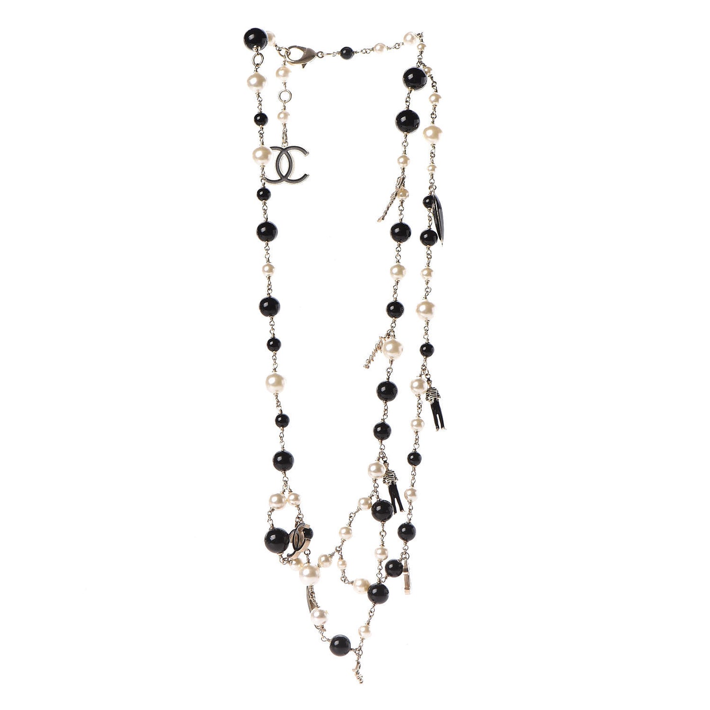 Pearl Bead Enamel CC Coco Long Necklace Black Gold