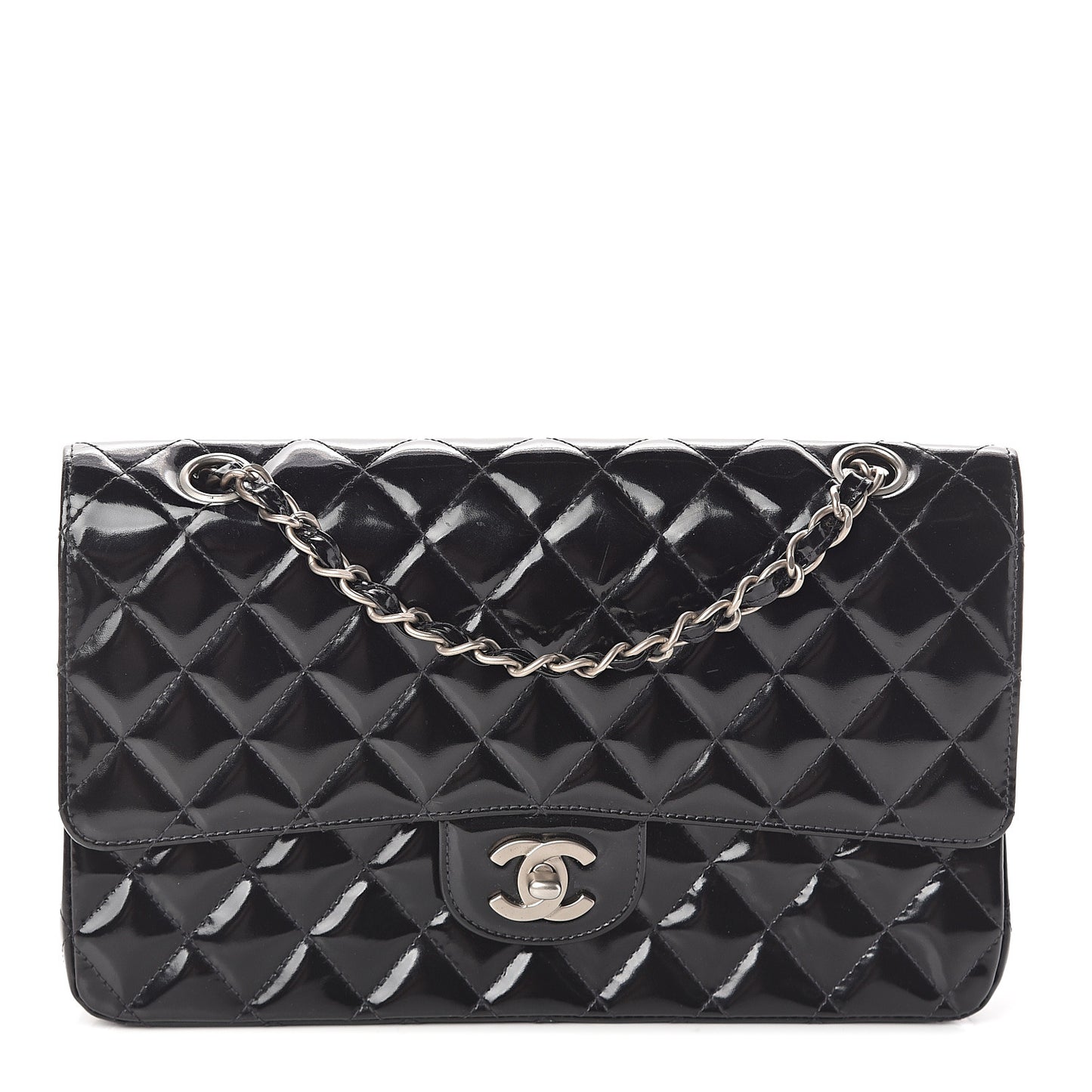 Patent Quilted Medium Double Flap Black