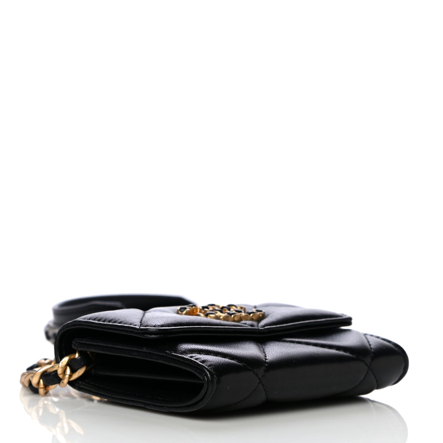 Shiny Goatskin Quilted 19 Flap Coin Purse With Chain Black