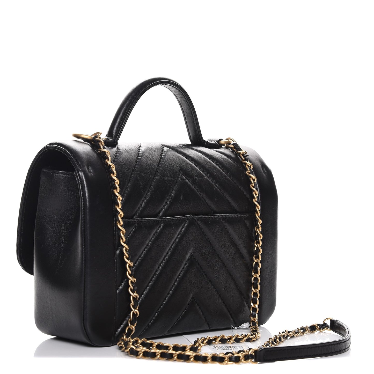 Calfskin Chevron Quilted Top Handle Flap Black