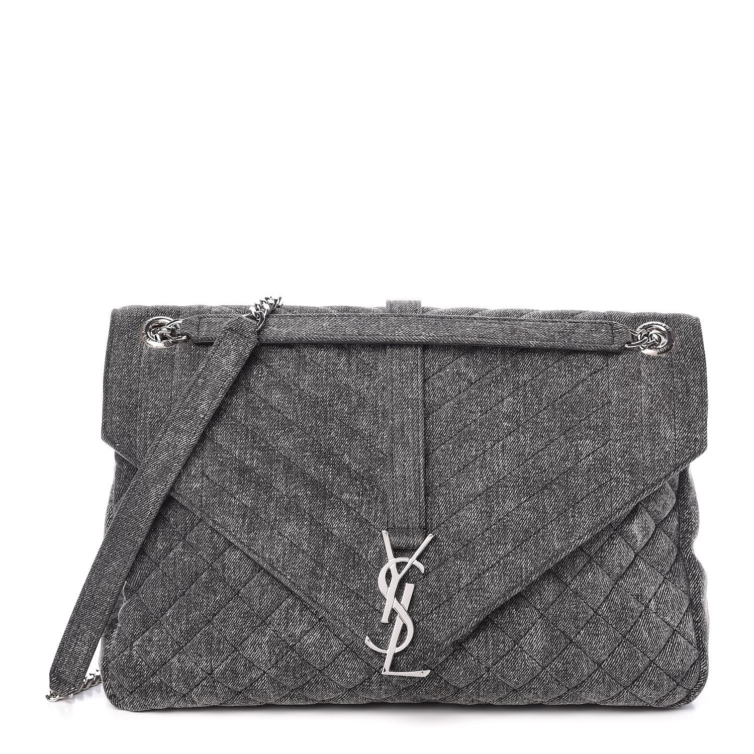 Saint Laurent Denim Mixed Matelasse Triquilt Large Monogram Envelope Satchel Black 1 of 11