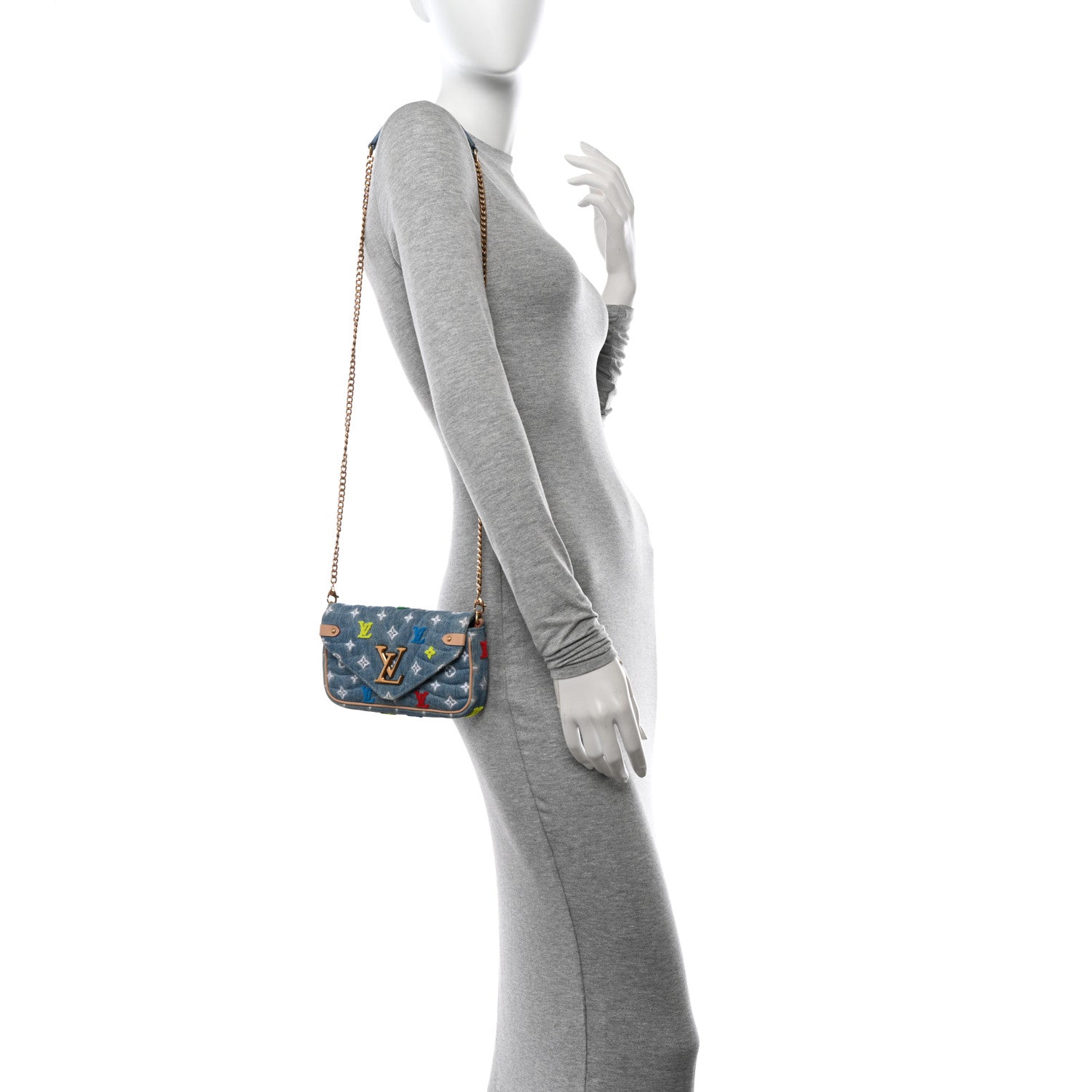 Louis Vuitton Embroidered Monogram Denim New Wave Chain Pochette Blue 2 of 11