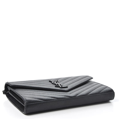 Saint Laurent Grain De Poudre Matelasse Chevron Monogram Chain Wallet Black 3 of 9
