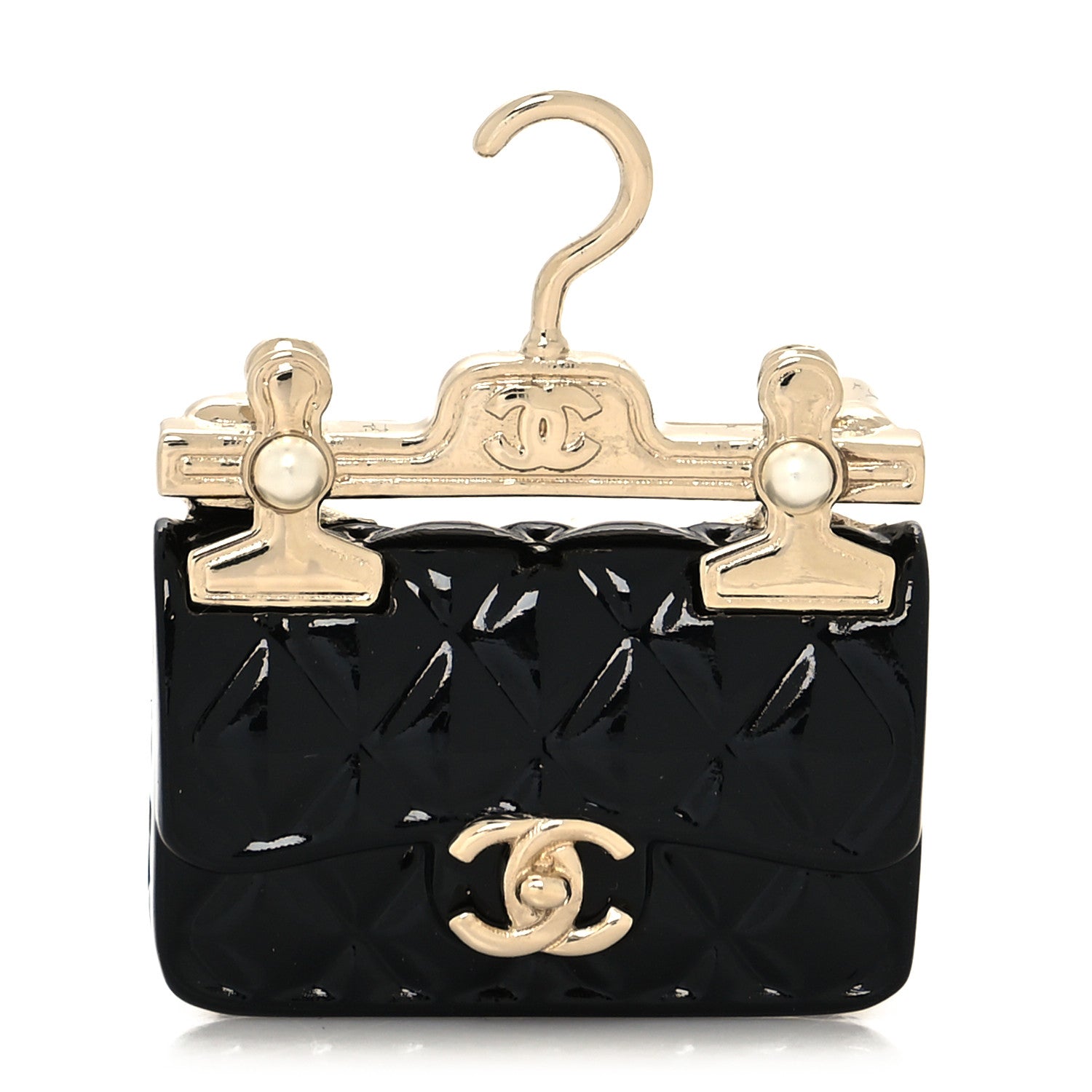 Chanel Metal Enamel Quilted Flap Hanger Brooch Gold Black 1 of 4