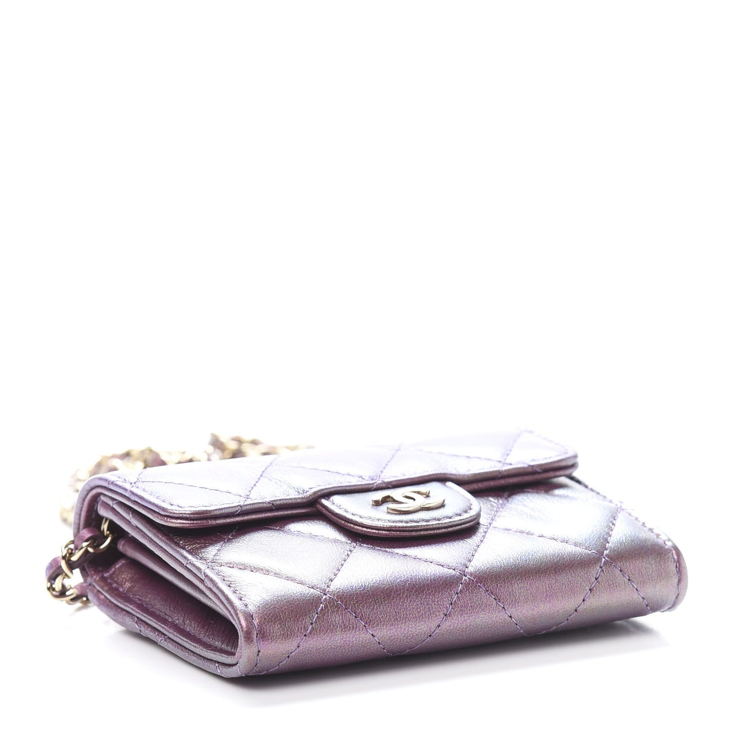 Iridescent Lambskin Quilted Flap Card Holder On Chain Purple