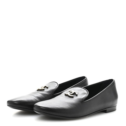Chanel Enamel Pearl Crystal Lambskin Womens CC Mocassin Loafers 38 Black 4 of 10