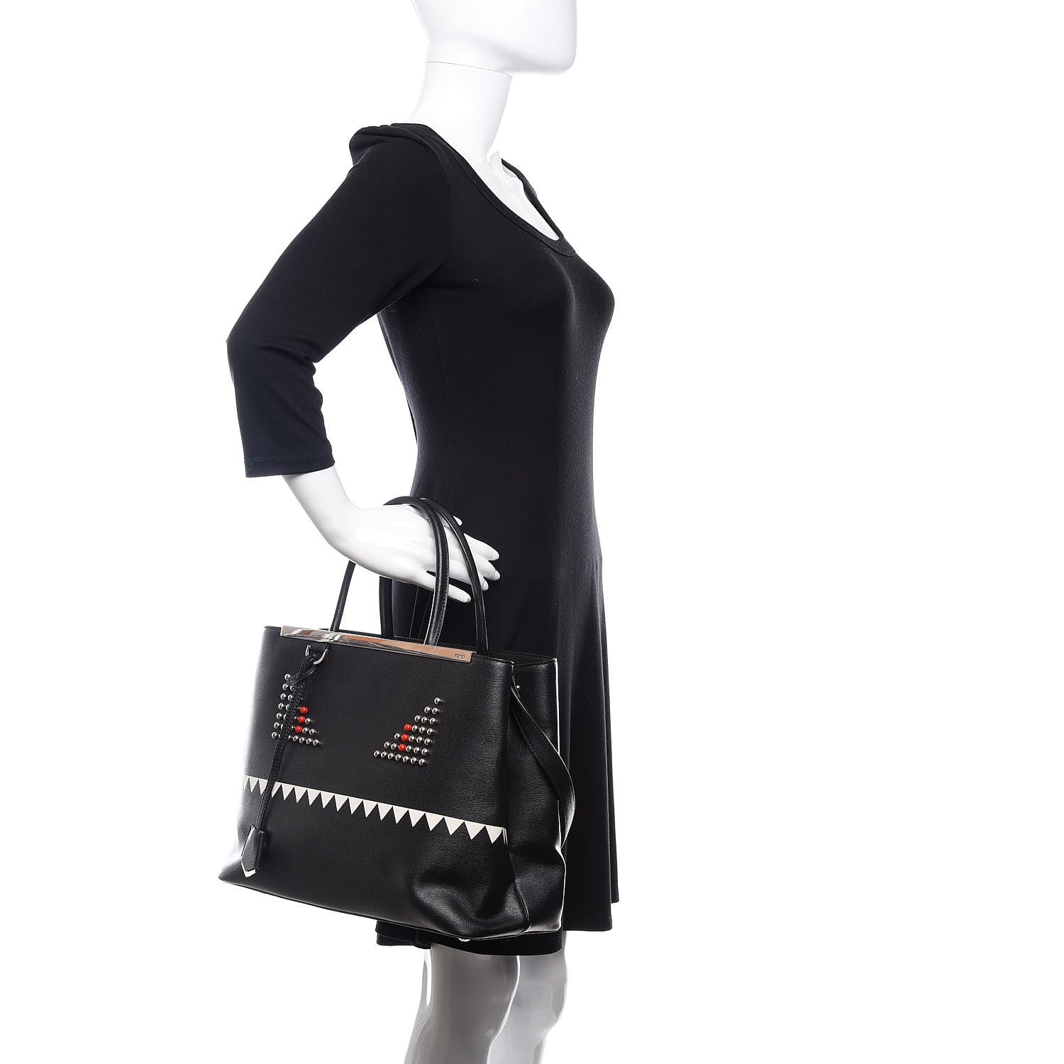Fendi Vitello Elite Studded Monster Medium 2Jours Tote Black 3 of 10
